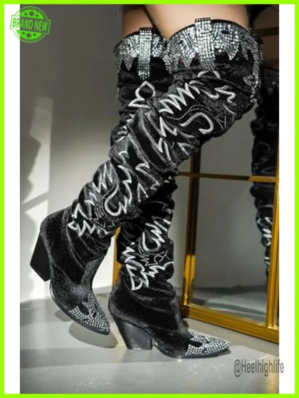 Rhinestone Embroidered Cowboy Boots Thigh High Slouchy Wide Calf Over the Knee